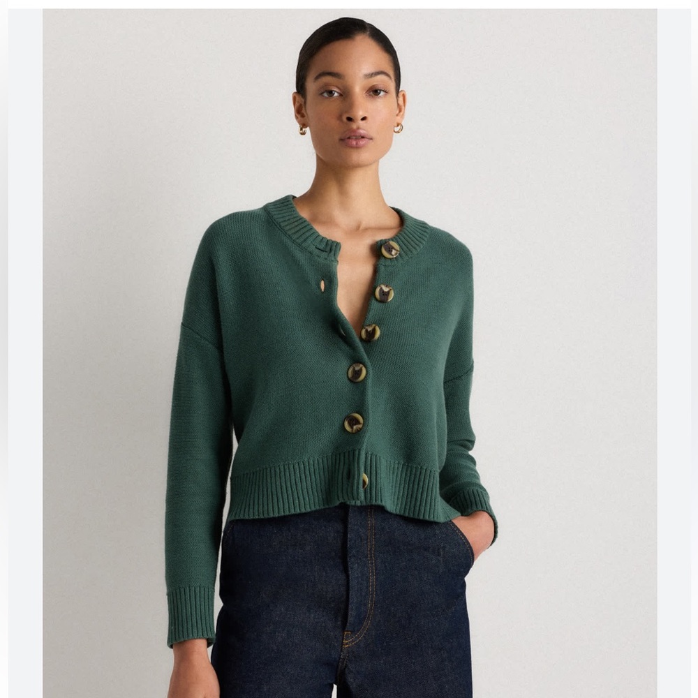 Quince Dark Green Button-Front Cropped Cardigan